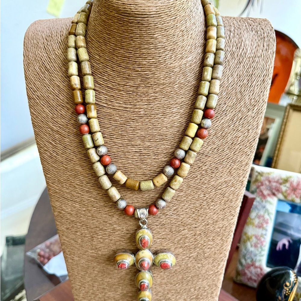 Artisan southwest agate + coral sterling silver Necklace with Cross Pendant